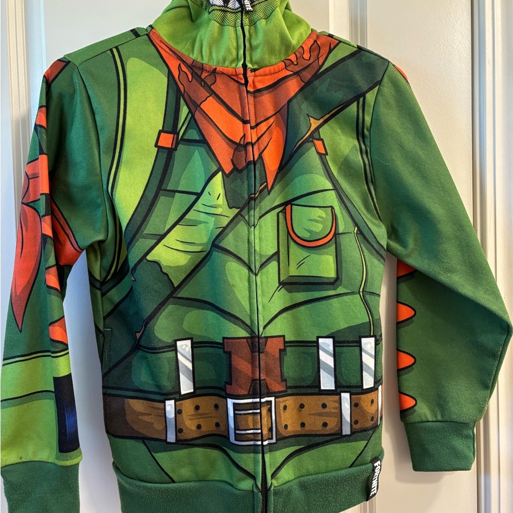 Vibrant Green and Orange Fortnite Rex hoodie
